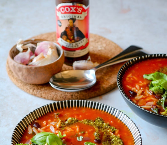 Orzo Soup with Kale & Pesto with Cox's Originals Bloody Mary Mixer