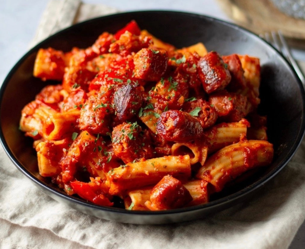 Delicious Vegan Sausage Pasta Recipe with a splash of Bloody Mary Mixer